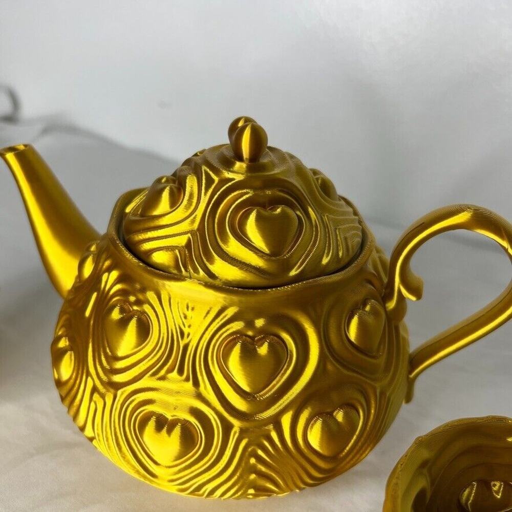 Gold Heart Tea Set Teapot with 2 Cups Ornate Textured Design Decorative Plastic